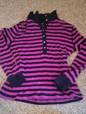 Womens Purple And Navy Chaps Collard Henley Long Sleeve Shirt